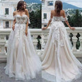 11602#Sweetheart Bohemian Lace Applique Sweep Train Tulle Illusion Short Sleeve A-Line Wedding Dress Wedding Gown Bridal Gown