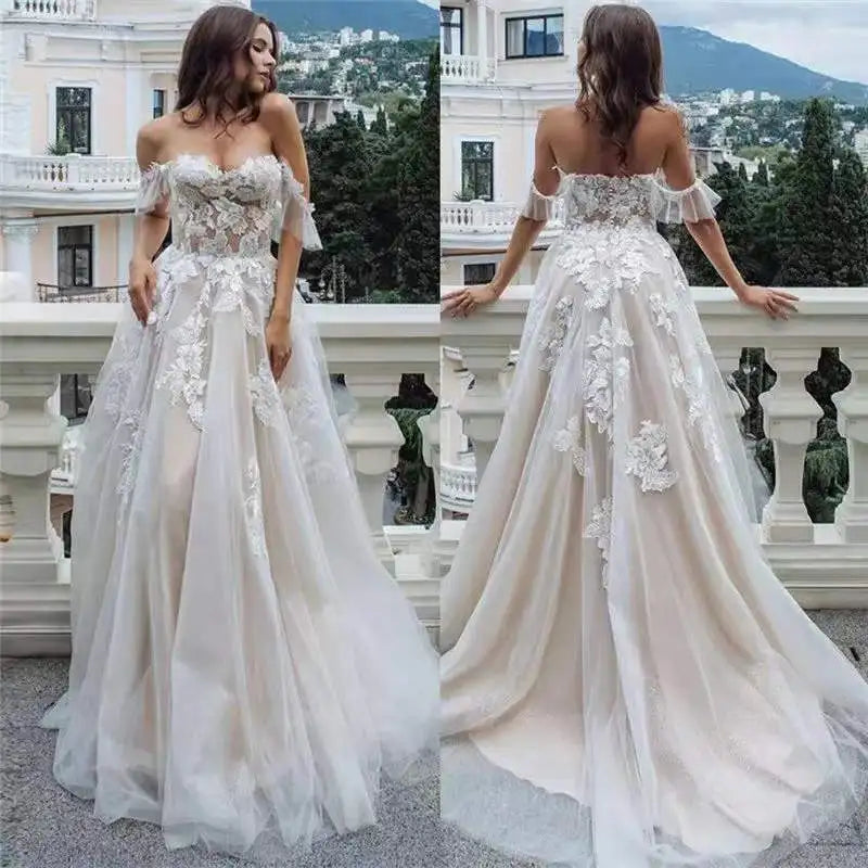 11602#Sweetheart Bohemian Lace Applique Sweep Train Tulle Illusion Short Sleeve A-Line Wedding Dress Wedding Gown Bridal Gown