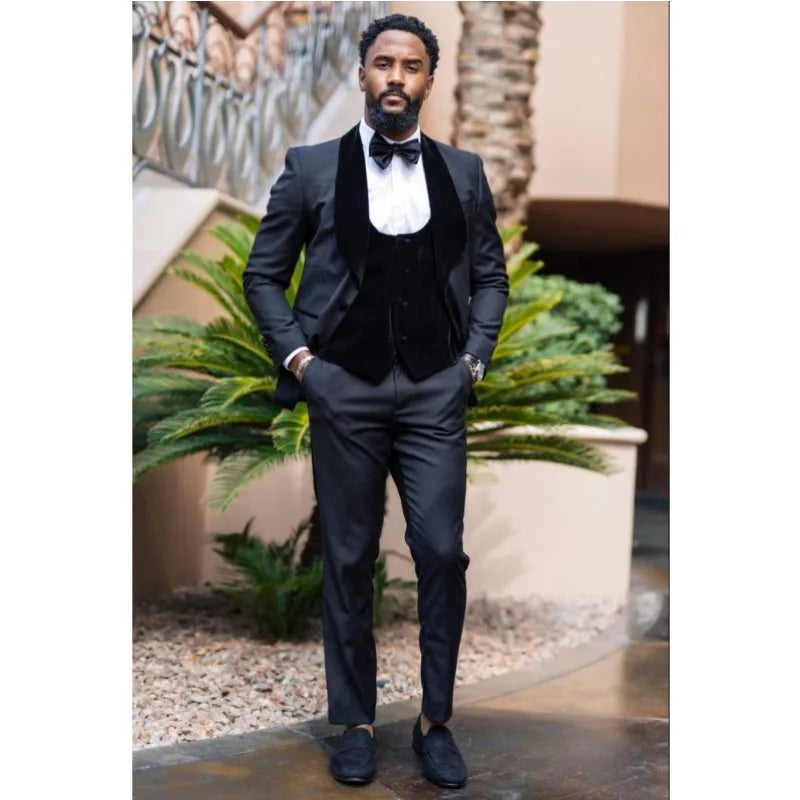 Custom Made Casual Design Men Suits Black Groomsmen Tuxedos Shawl Lapel Groom Wedding Prom Costume Homme Mens 3 Pieces Sets