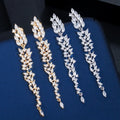 Exquisite Wedding 18k Gold Plated Cubic Zirconia Jewelry Leaf Design Ear Line Long Dangle Drop Earrings for Women Party Wear