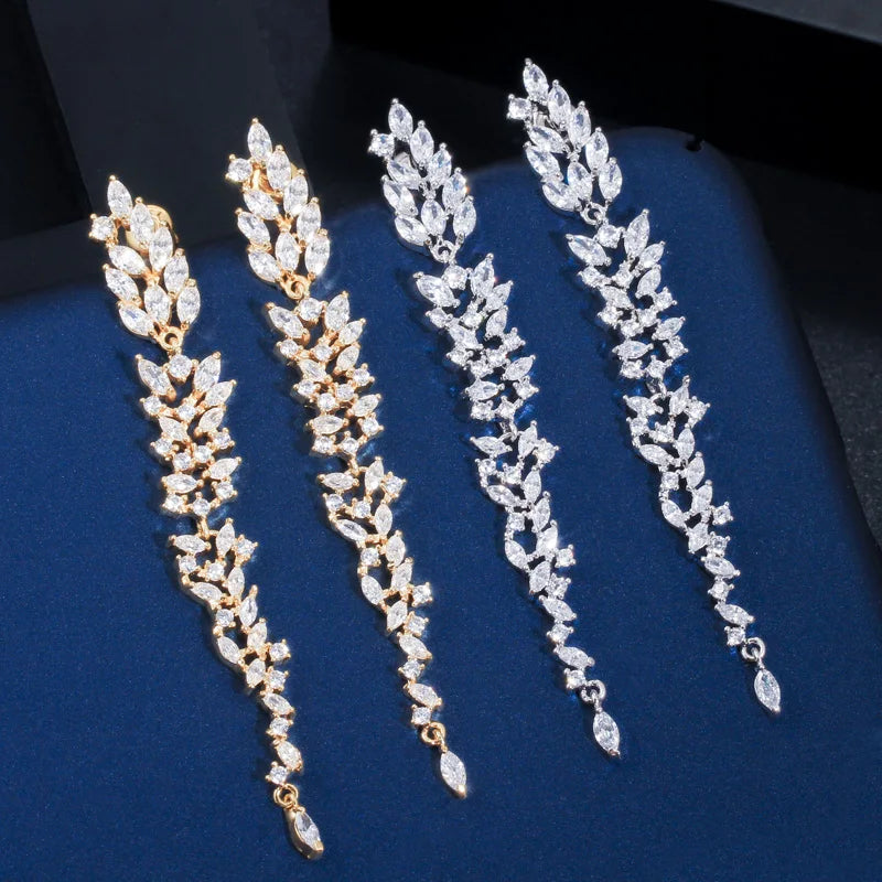 Exquisite Wedding 18k Gold Plated Cubic Zirconia Jewelry Leaf Design Ear Line Long Dangle Drop Earrings for Women Party Wear