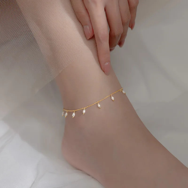 Daidan Anklet Bracelet Women Anklets 18K Gold Plated Tassel Sterling Silver 925 Pearl Anklet