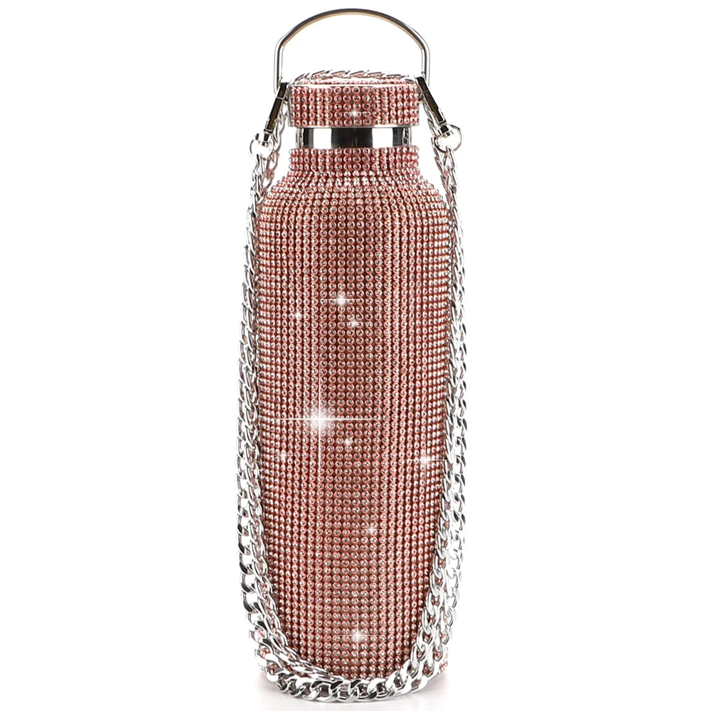 2021 New Design Girl Rhinestone Diamond Crystal Luxury Stainless Steel Water Bottle Vacuum Flask With Chain