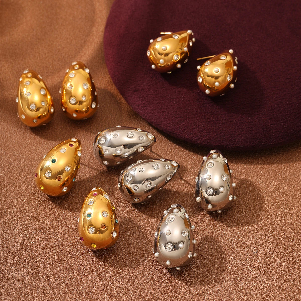 Trendy 18K Gold Plated Stainless Steel Geometric Fashion Hollow Tear Earrings Droplet Shaped Zircon Hollow Earrings Jewelry