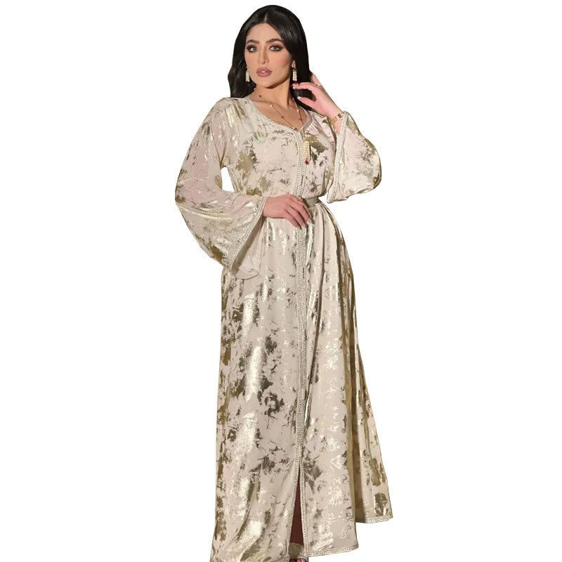 2022 Four Seasons New Muslim Women's Dress Hot Gold Robe Female Two-piece Dress With Belt
