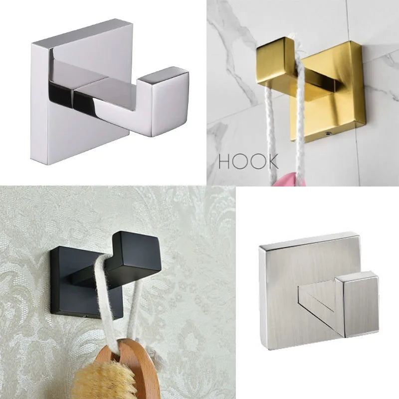 Square Single Black Bath Towel Coat Robe Shower Radiator Hook Stainless Steel Wall Sticky Heavy Duty Hooks