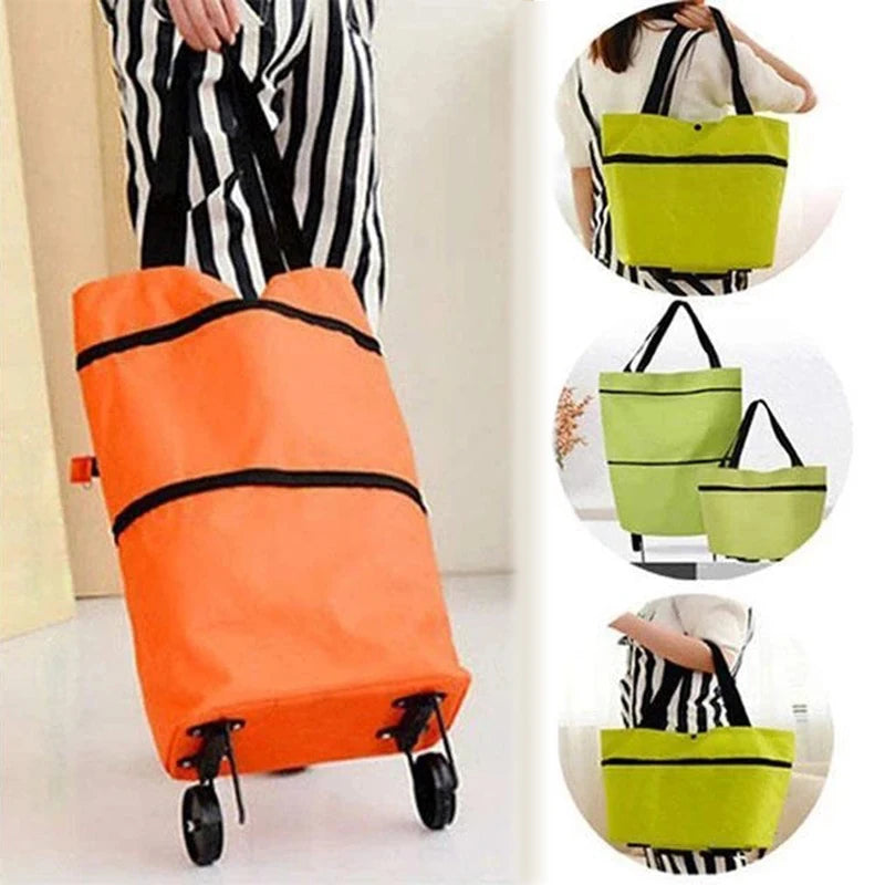 Folding Shopping Pull Cart Bag Wheels Foldable Oxford Material Large Size Button Closure Reusable Grocery Food Organizer Bag