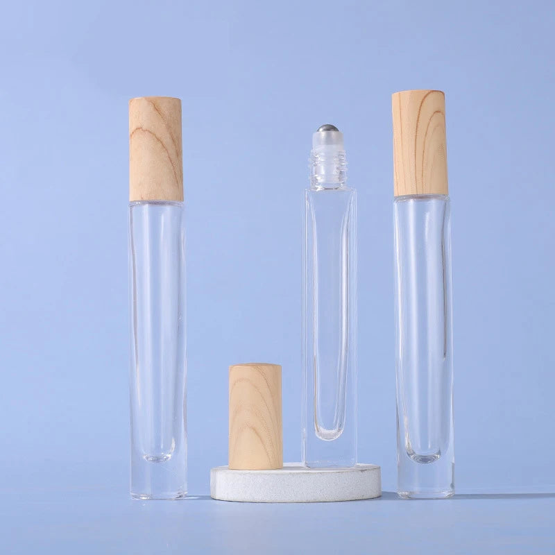 Luxury Thick Bottom Tall 10ml Roller Bottle Long Square Glass Essential Oils Roll with Wood-Imitated Plastic Cap