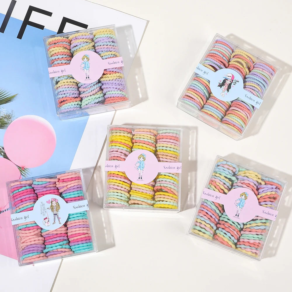 Box of 100 Small Soft Seamless Cotton Hair Ties for Toddlers Multicolor Baby Hair Elastics Cute Style Ponytail Holders for Girls