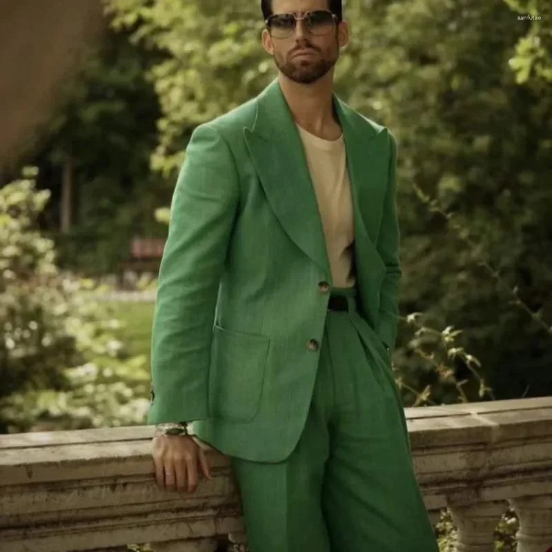 Green Linen Men's Suits Handsome Wedding Groom Summer Peaked Lapel Groomsmen Tuxedos Custom Made Business Outfits Party 2 Pieces