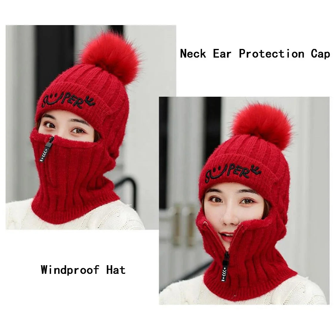 Winter Warm Fleece Beanie Hat Men Knit Skull Scarf Neck Warmer Wind Cold Proof Thick Plush Women Ear Protection Cap
