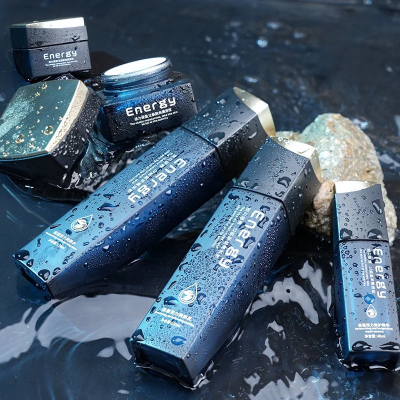 Eco Friendly Luxury Men Cosmetic Sustainable Matte Blue Glass Lotion Cream Skincare Packaging Bottle Set