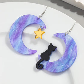 Creative Starry Sky Mixed Color Marble Moon Resin Cut Elegant Cat Gold Stars Asymmetrical Jewelry Acrylic Drop Earrings 2024