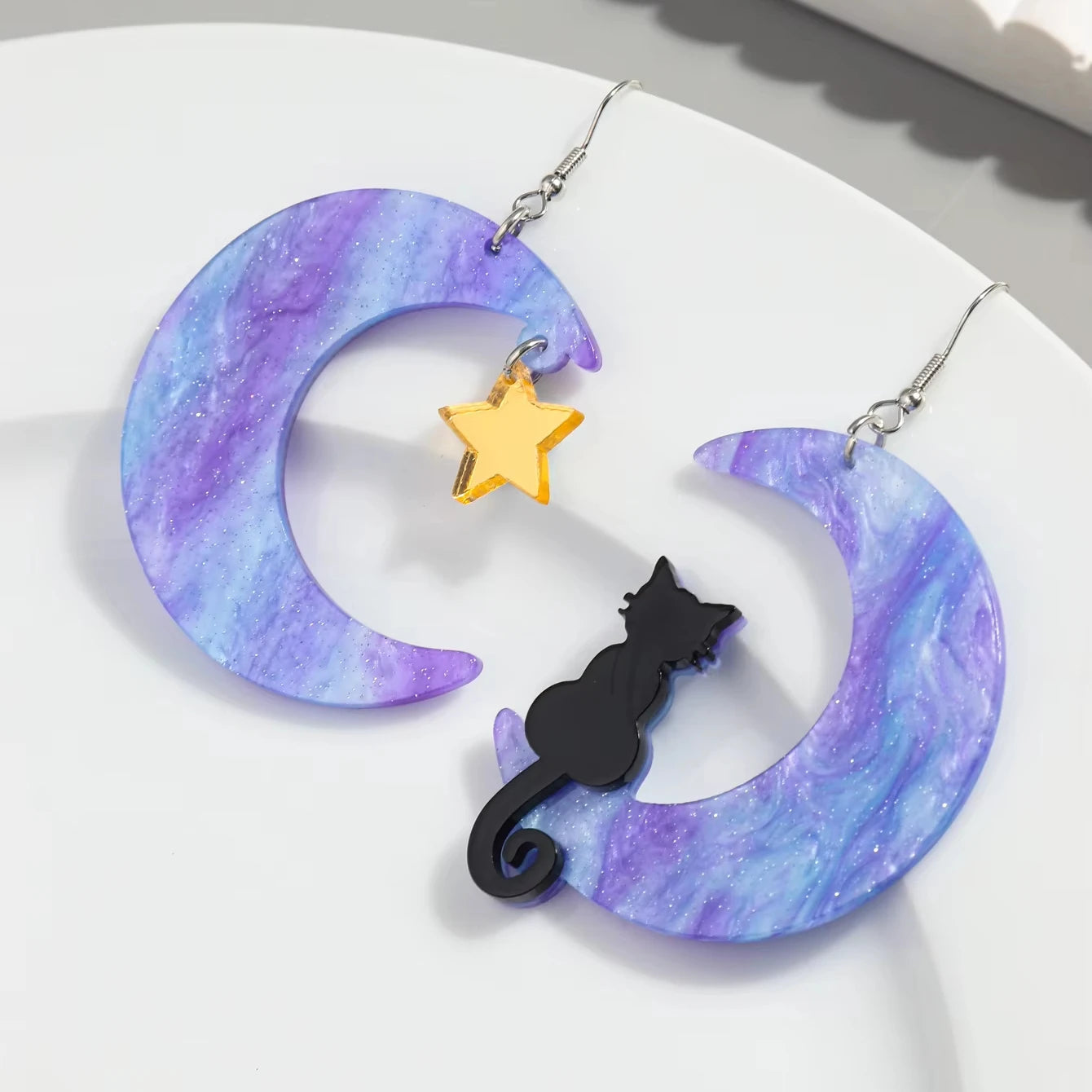 Creative Starry Sky Mixed Color Marble Moon Resin Cut Elegant Cat Gold Stars Asymmetrical Jewelry Acrylic Drop Earrings 2024