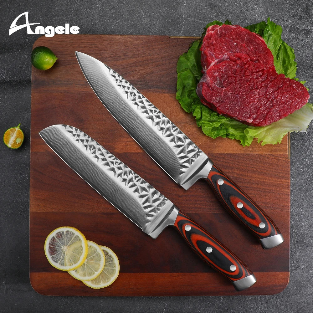 ANGELE 8 Inch Damascus Steel Blade Wood Handle Kitchen Accessories Chef Santoku Knives Set