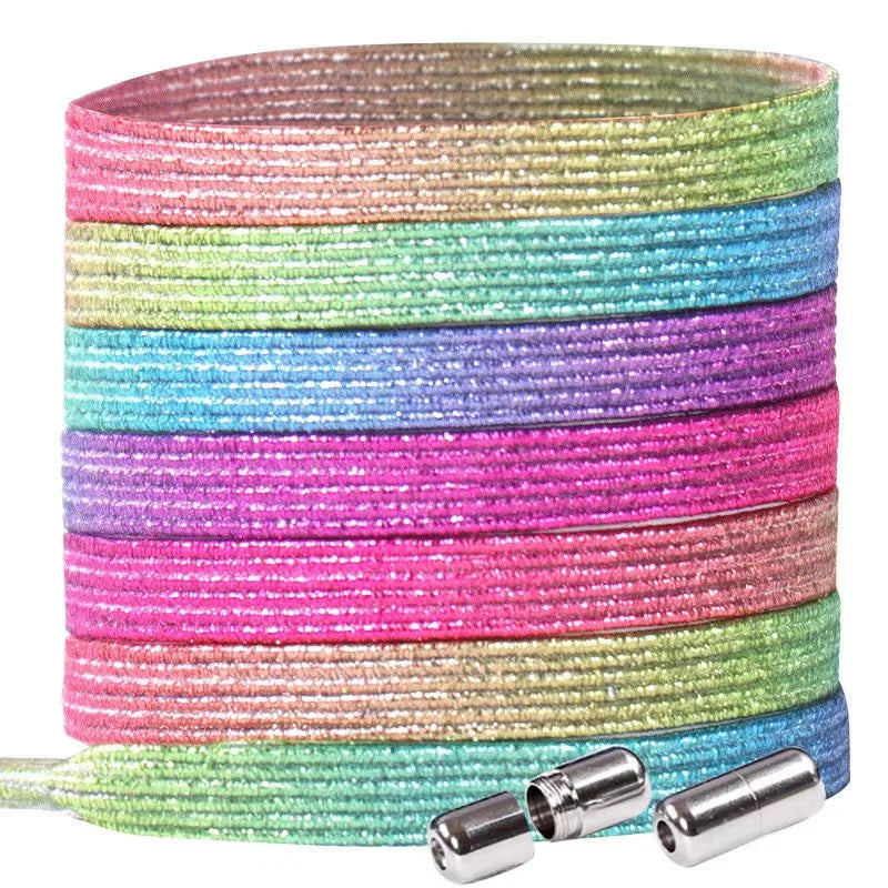 Bulk Sale Shoe Lace Cheap Custom Fancy Metallic Gold Silver Glitter Rainbow Color Flat Shoelace for Sneaker With Plastic Tips
