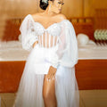 2026 White Wedding Dresses Bride Robes Bridal Shower Dress Side Split Sweep Train Beaded Tulle MW389