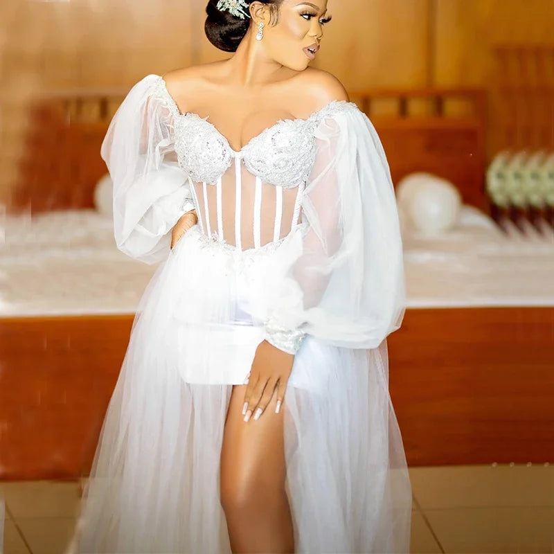 2026 White Wedding Dresses Bride Robes Bridal Shower Dress Side Split Sweep Train Beaded Tulle MW389