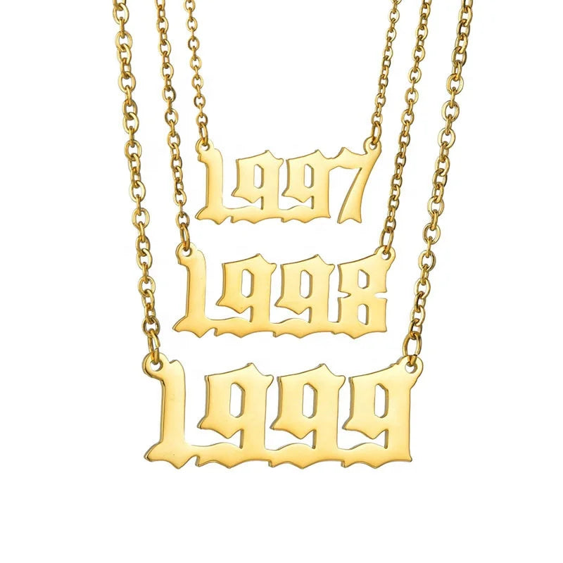 925 Sterling Silver Year Number Necklace Long Chain Initial Name 18K Gold Finish Personalised Fashion Jewelry for Men Women Gift