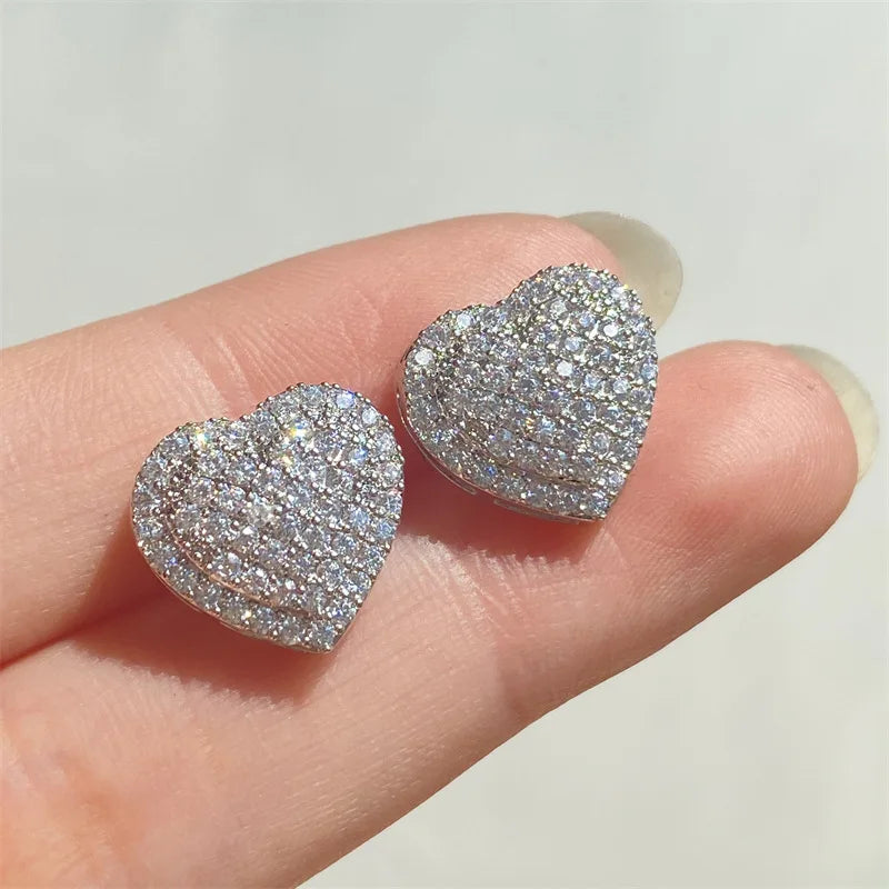 Valentine's Day Silver Plated Micro Pave Bling CZ Diamond Heart Shaped Earrings Shiny 5A Cubic Zirconia Heart Stud Earrings