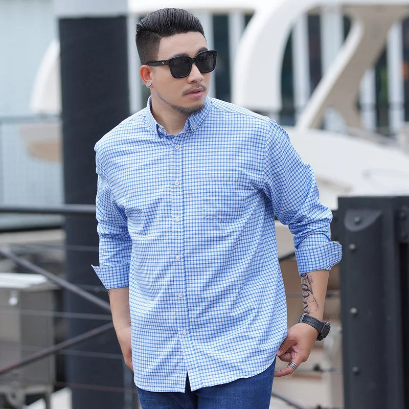 2023 Large Size Men's Plus Fat Plus Men's Shirt Business Casual Loose Yarn-dyed Plaid Long-sleeved Shirt