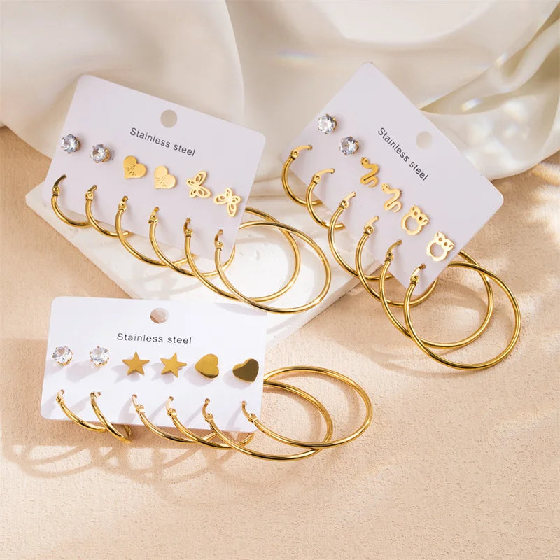 6 Pairs Stainless Steel Big Round Circle Hoop Earrings Set Small Zircon Heart Star Butterfly Stud Earrings for Women