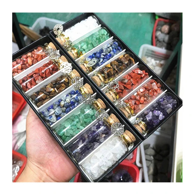 Healing Stone Natural 7 Chakra Crystal Gravel Wooden Box Wishing Mini Bottle Drift