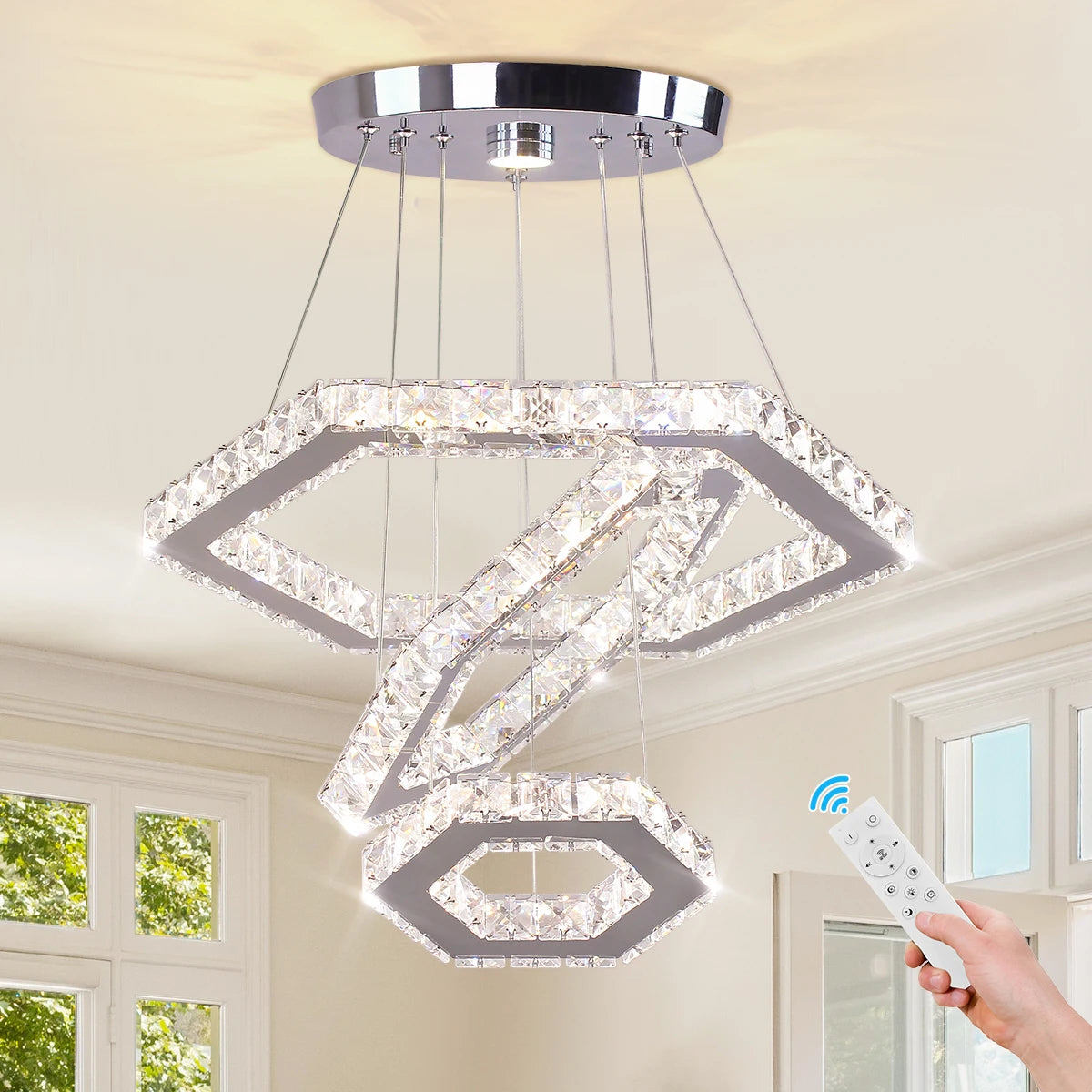 Modern Crystal 3-Rings Polygon LED Pendant Light Indoor Ceiling Chandelier for Bedroom & Living Room Decor Hotel Lighting