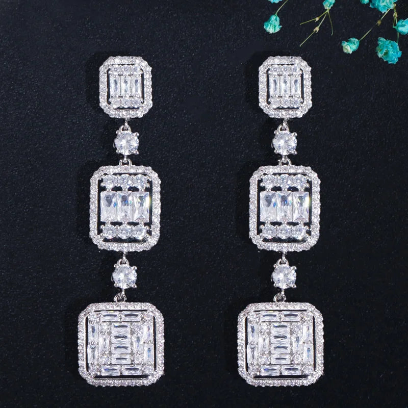 Very Shiny Square White Cubic Zirconia Topaz Silver Plated Long Dangle Drop Engagement Party Earring Jewelry for Women