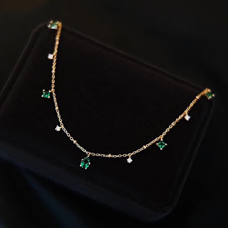 Pure 925 Sterling Silver Vintage Luxury Emerald Green Zircon Clavicle Chain Necklace for Women Girl