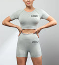 Custom Tracksuit Women Seamless Tops and Yoga Shorts Sand Wash Workout Shorts Set