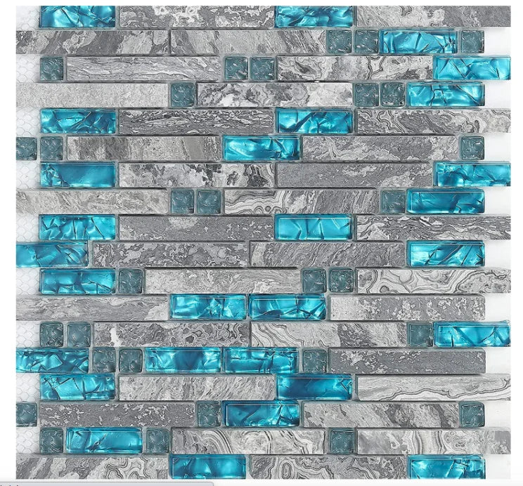 Polished Gray Marble and Teal Blue Tiles Back Splash Kitchen Tiles Glass Mosaics