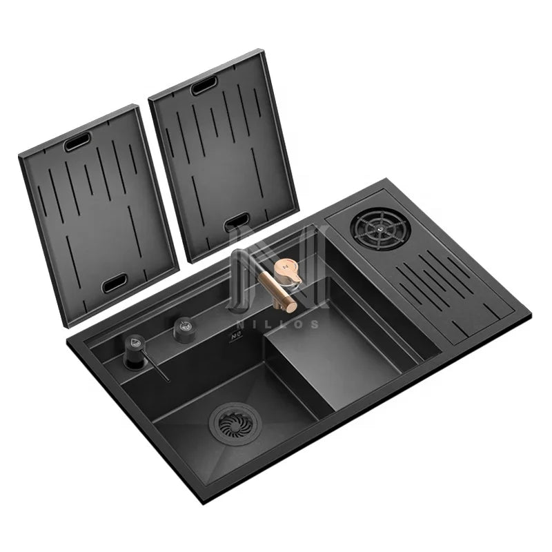 N7646XN5 Flip Cover Hidden Stepped 304 Stainless Steel Kitchen Sink With Glass Rinser