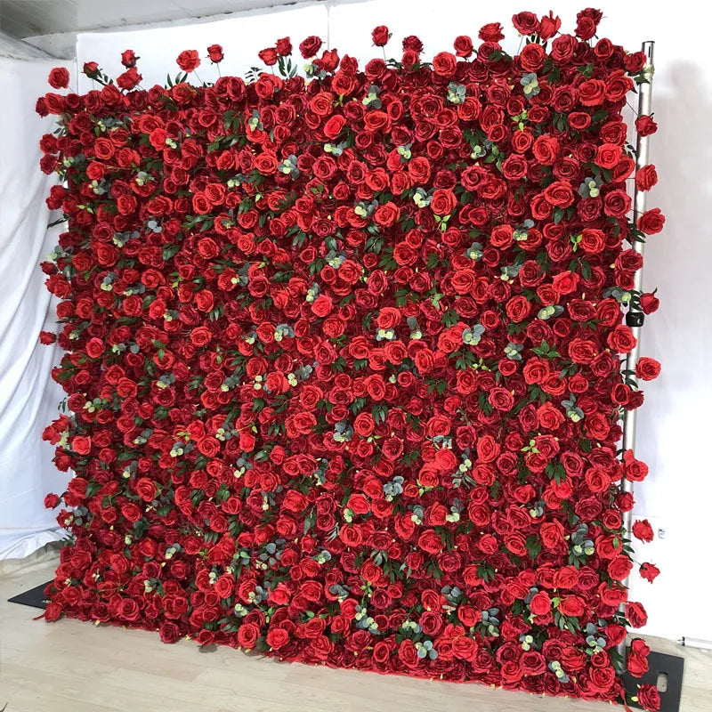Wholesale Floral 3D Artificial Rose Flower Wall for Hotel Red Flower Wall for Wedding Decor Silk Panel Flowers