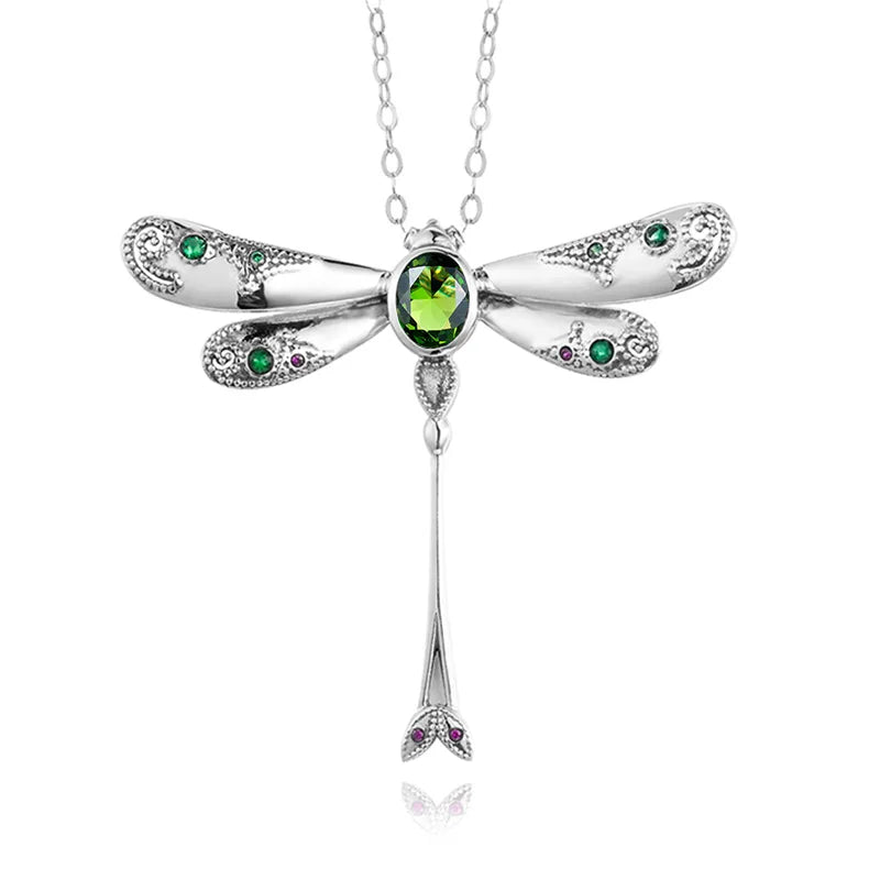 Luxury Fashion Women 925 Sterling Silver Dragonfly Pendants Necklace Peridot Hip Hop Solid Silver Pendant Fine Jewelry