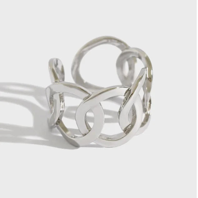 Simple Luxury Design S925 Sterling Silver Wide Hollow Cuban Link Chain Ring for Women Fine Jewelry