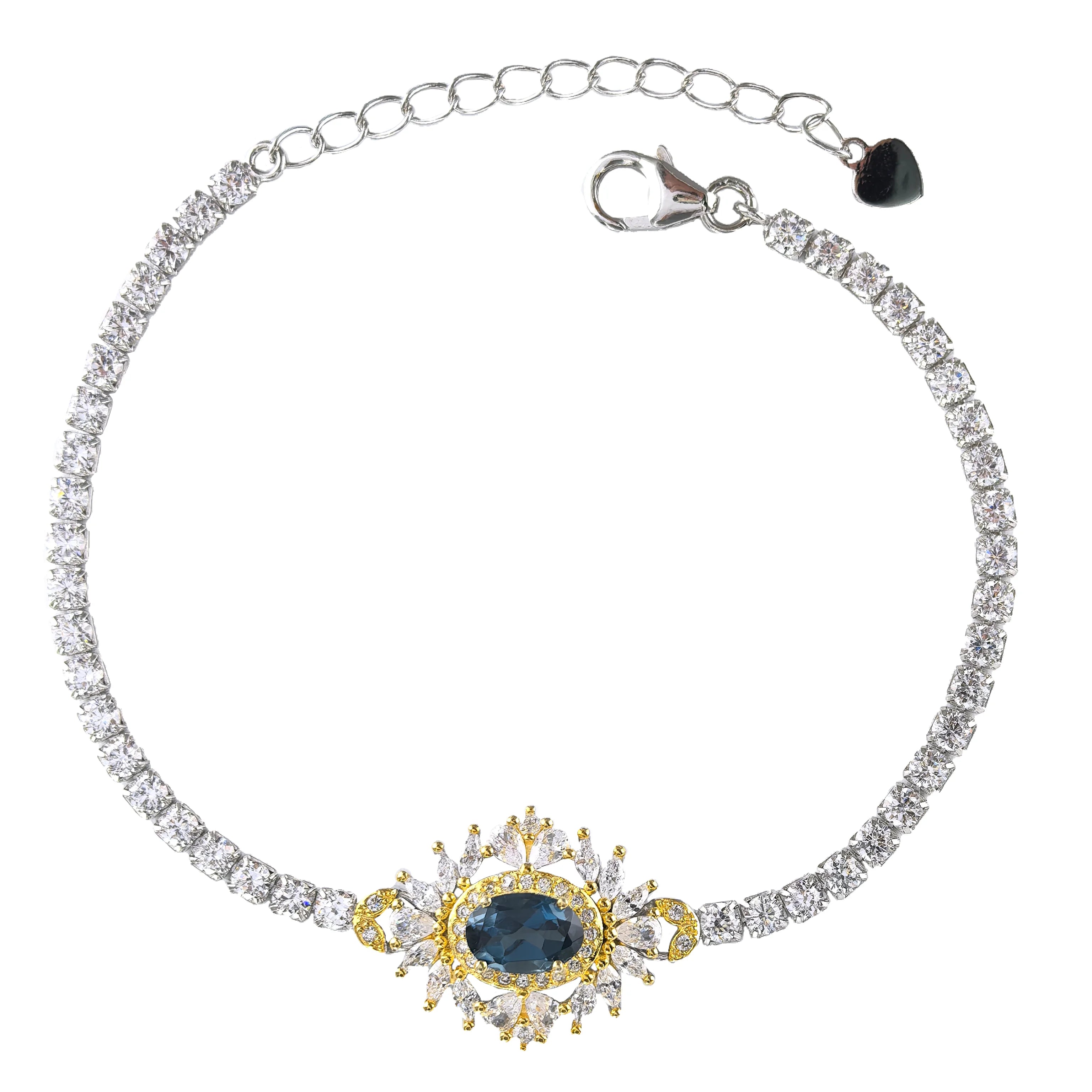 Brilliant Rhodium Plated Sterling Silver 925 Jewellery Natural London Blue Topaz Bracelet for Women Fine Bracelets