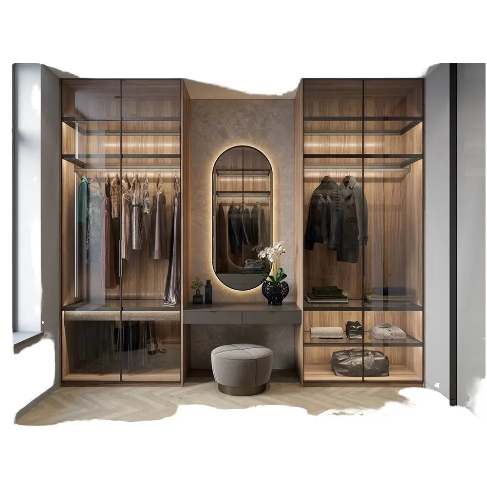 Factory Low Price Customized  Wardrobe Bedroom Furniture Melamine MDF Cabinet Body Closet with Natural Veneer Plywood Oak Door