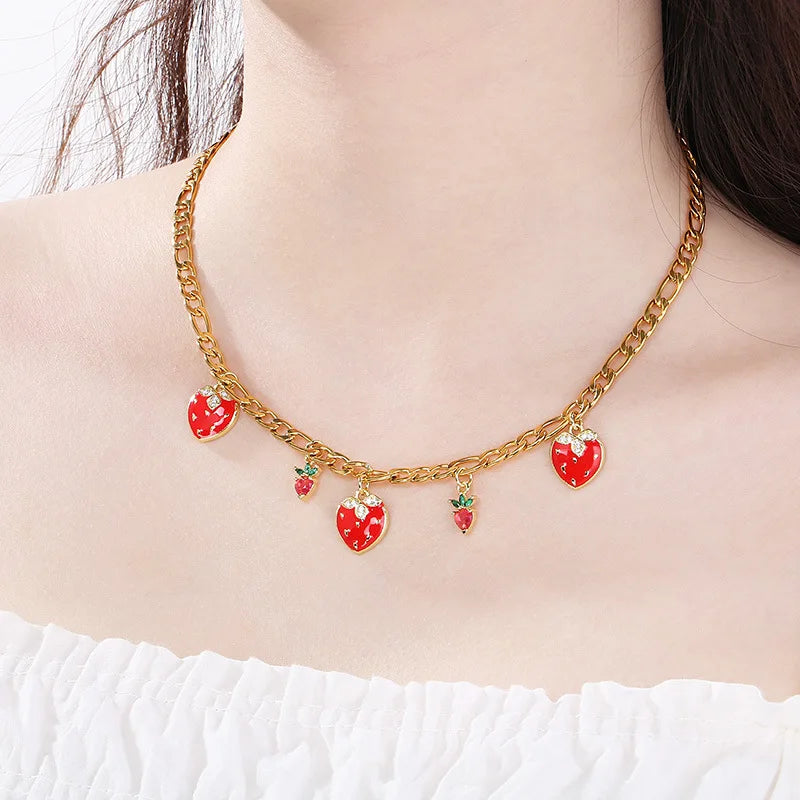 New Trendy Stainless Steel Summer Jewelry for Women Gold Fruit Cherry Strawberry Pineapple Sapphire Inoxidable Pulseras