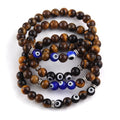 Blue & Black Evil Eyes Religious Bracelet 8mm Black Stone Tiger Eye Gemstone Elastic Bracelet Evil Eyes Charm Bracelet