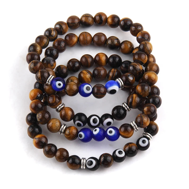 Blue & Black Evil Eyes Religious Bracelet 8mm Black Stone Tiger Eye Gemstone Elastic Bracelet Evil Eyes Charm Bracelet
