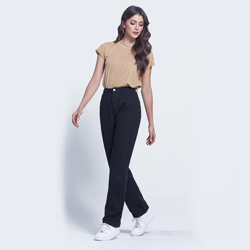 Spring and Autumn High Waist Jeans  Straight Tube  Wide Leg Black Jeans