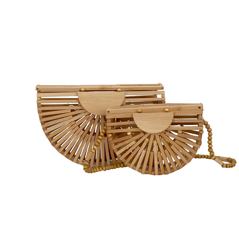 Semicircle Bamboo Small Crossbody Shoulder Bags for Women Eco Friendly Wood Baskets Handbags Summer Beach Bags
