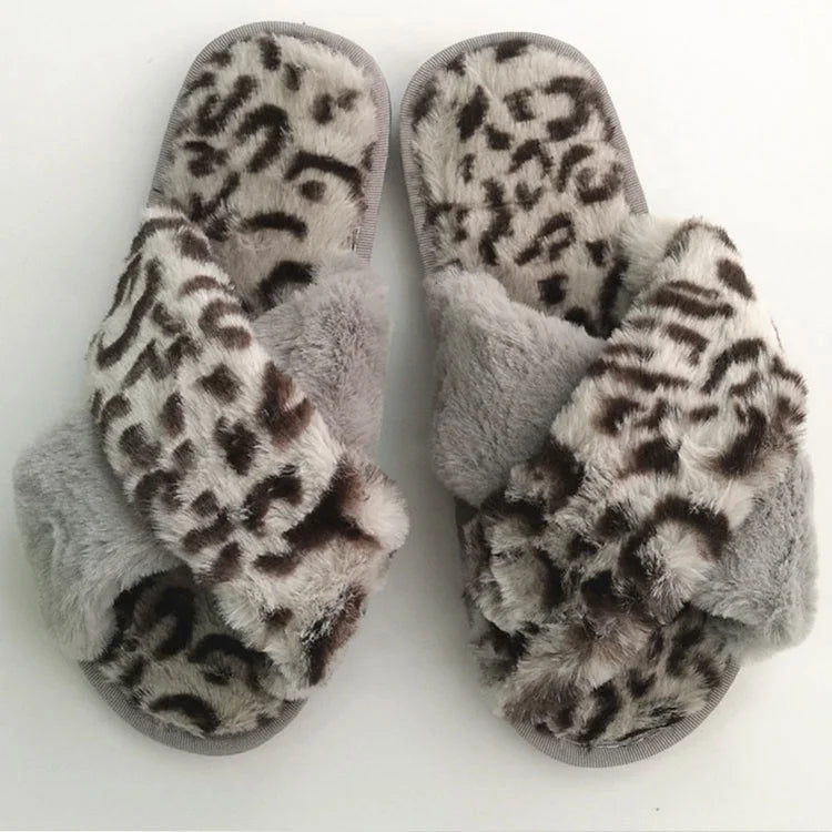2024 New Trendy Leopard Cross Strap Flat Fur Sandals for Ladies Soft and Warm Outdoor Indoor for Slippers Wholesale Price MegaBDM