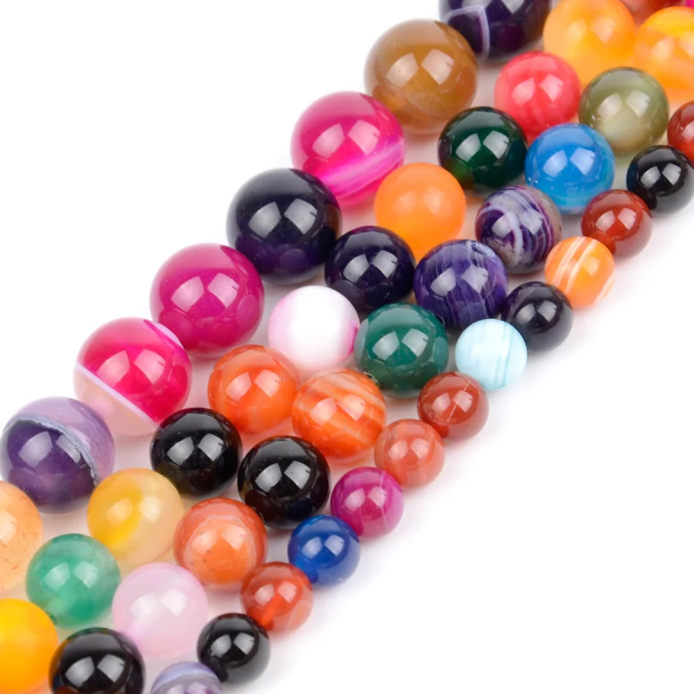 AsVrai U 4/6/8/10/12mm Colorful Natural Stripe Agate Round Loose Stone Beads for Jewelry Making Findings DIY Bracelets Necklace