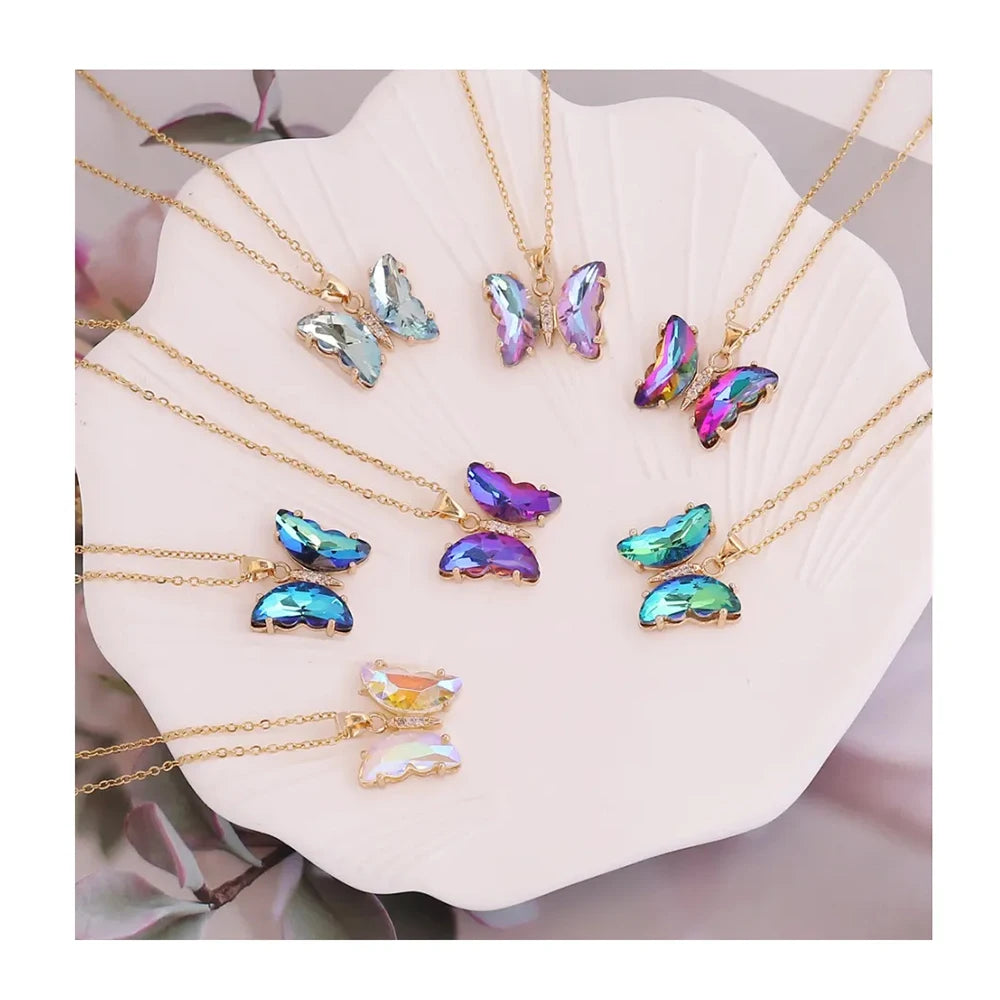 Women Fashion Jewelry Collares Para Mujer Multi Color Glass Charm Stainless Steel Butterfly Blue Necklace