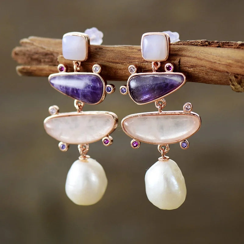 Premium Freshwater Pearl Stud Earrings with Amethyst Amazonite Rose Quartz Geometric Natural Stones Jewelry for Weddings Parties