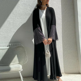 Muslim Ramadan Eid Black Open Kimono Abaya Elastic Drilling Net Long Sleeve Casual Loose Moroccan Gulf Women Robe