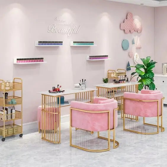 Pink Double Nail Desk Manicure Table With Chair for Beauty Salon Furniture