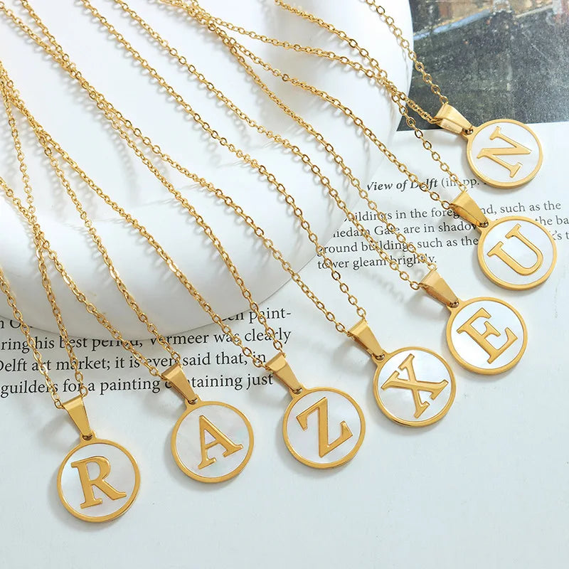 Ins Stainless Steel Gold Plated A-Z Initial Letter Round Sea Shell Pendant Alphabet Necklace Birthday Gift for Men Women